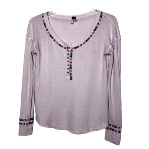 Free People We The Free | Ivory Thermal Knit Embroidered Henley Shirt, Medium